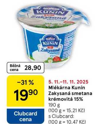 Mlékárna Kunín Zakysaná smetana krémovitá 15%, 190 g  
