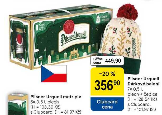 Pilsner Urquell Dárkové balení, 7x 0.5 l, plech + čepice