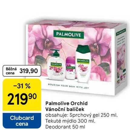 Palmolive Orchid Vánoční balíček obsahuje: Sprchový gel 250 ml. Tekuté mýdlo 300 ml. Deodorant 50 ml