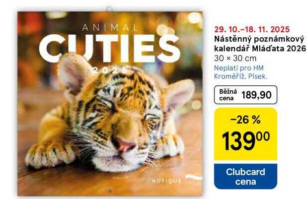 Nástěnný poznámkový kalendář Mláďata 2026 30 x 30 cm