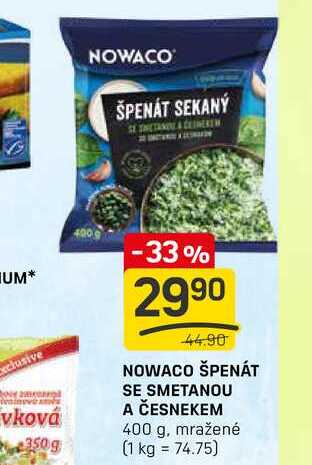 NOWACO ŠPENÁT SE SMETANOU A ČESNEKEM 400 g, mražené 