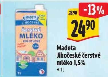 Madeta Jihočeské čerstvé mléko 1,5%, 1 l