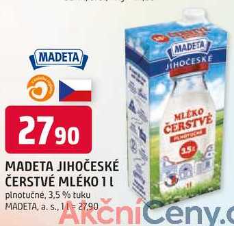 MADETA JIHOČESKÉ ČERSTVÉ MLÉKO 1L plnotučné, 3,5% tuku 