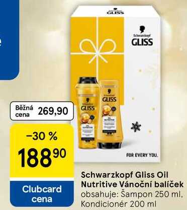 Schwarzkopf Gliss Oil Nutritive Vánoční balíček obsahuje: Šampon 250 ml. Kondicionér 200 ml 