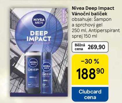 Nivea Deep Impact Vánoční balíček obsahuje: Šampon a sprchový gel 250 ml. Antiperspirant sprej 150 ml 