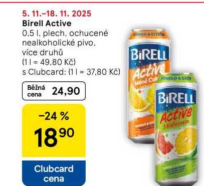 Birell Active, 0.5 1. plech, ochucené nealkoholické pivo. více druhů
