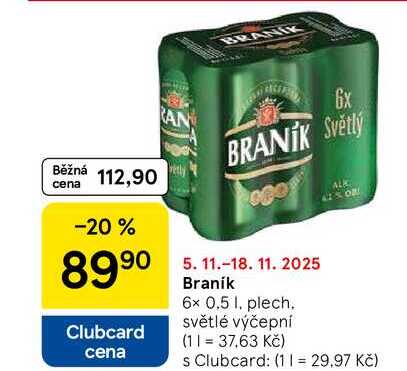 Braník, 6x 0.5 l, plech. světlé výčepní