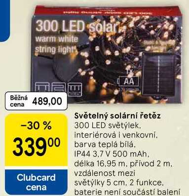 Světelný solární řetěz, 300 LED světýlek. interiérová i venkovní. barva teplá bílá, IP44 3,7 V 500 mAh. délka 16,95 m. přívod 2 m. vzdálenost mezi světýlky 5 cm, 2 funkce. baterie není součástí balení
