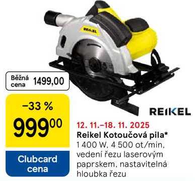 Reikel Kotoučová pila, 1400 W. 4 500 ot/min, vedení řezu laserovým paprskem, nastavitelná hloubka řezu 