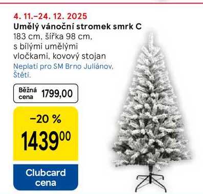 Umělý vánoční stromek smrk C, 183 cm, šířka 98 cm. s bílými umělými vločkami, kovový stojan