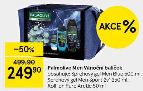 Palmolive Men Vánoční balíček obsahuje: Sprchový gel Men Blue 500 ml. Sprchový gel Men Sport 2v1 250 ml. Roll-on Pure Arctic 50 ml