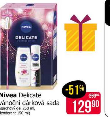 Nivea Delicate Vánoční dárková sada sprchový gel 250 ml, deodorant 150 ml