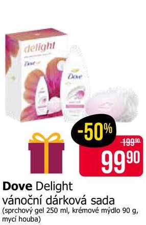 Dove Delight  vánoční dárková sada (sprchový gel 250 ml, krémové mýdlo 90 g, mycí houba) 