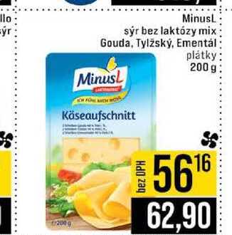 MinusL sýr bez laktózy mix Gouda, Tylžský, Ementál plátky 200 g 