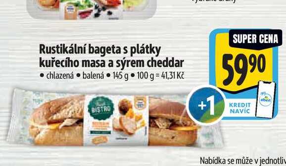 Rustikální bageta s plátky kuřecího masa a sýrem cheddar  145 g