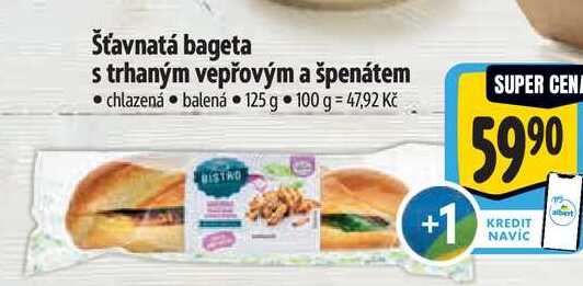 Šťavnatá bageta s trhaným vepřovým a špenátem, 125 g