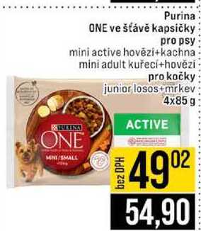 Purina ONE ve šťávě kapsičky pro psy mini active hovězi+kachna mini adult kuřecí+hovězí pro kočky junior losos+mrkev 4x85 g 