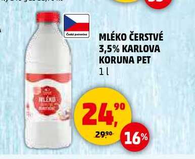 MLÉKO ČERSTVÉ 3,5% KARLOVA KORUNA PET, 1 l