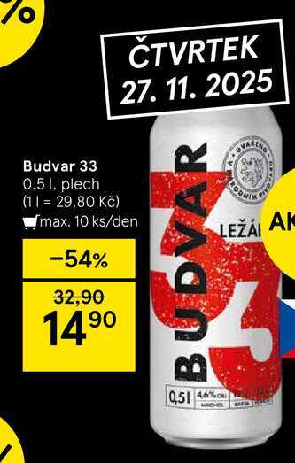 Budvar 33, 0,5 l, plech 