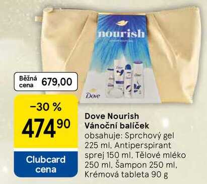 Dove Nourish Vánoční balíček obsahuje: Sprchový gel 225 ml, Antiperspirant sprej 150 ml. Tělové mléko 250 ml. Šampon 250 ml, Krémová tableta 90 g 