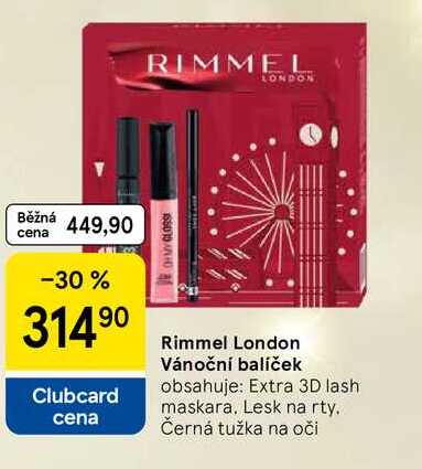 Rimmel London Vánoční balíček obsahuje: Extra 3D lash maskara, Lesk na rty. Černá tužka na oči 