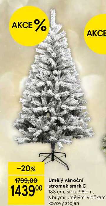 Umělý vánoční stromek smrk C, 183 cm, šířka 98 cm. s bílými umělými vločkam kovový stojan