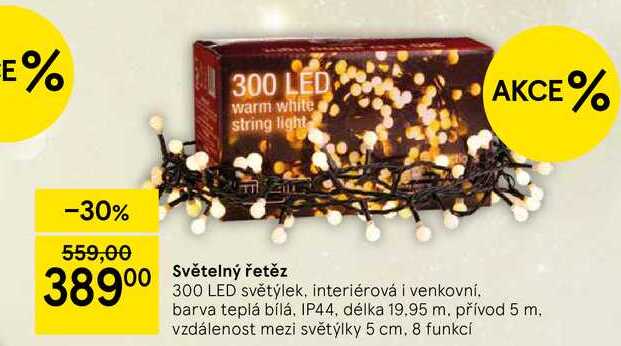 Světelný řetěz, 300 LED světýlek, interiérová i venkovní. barva teplá bílá, IP44, délka 19,95 m. přívod 5 m. vzdálenost mezi světýlky 5 cm, 8 funkcí 