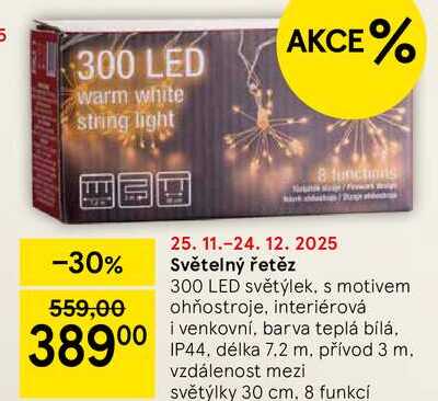 Světelný řetěz 300 LED světýlek, s motivem ohňostroje, interiérová i venkovní, barva teplá bílá. IP44, délka 7.2 m. přívod 3 m. vzdálenost mezi světýlky 30 cm, 8 funkcí 