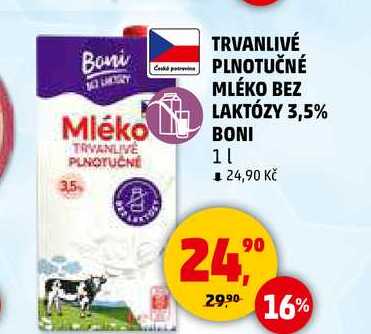 TRVANLIVÉ PLNOTUČNÉ MLÉKO BEZ LAKTÓZY 3,5% BONI T, 1 l