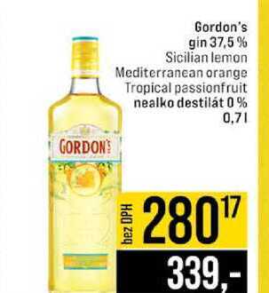 Gordon's gin 37,5% Sicilian lemon Mediterranean orange Tropical passionfruit nealko destilát 0% 0,7l
