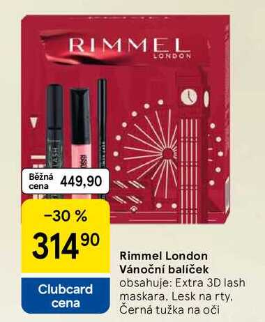 Rimmel London Vánoční balíček obsahuje: Extra 3D lash maskara, Lesk na rty. Černá tužka na oči 