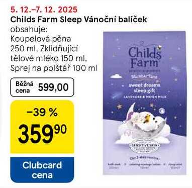 Childs Farm Sleep Vánoční balíček obsahuje: Koupelová pěna 250 ml, Zklidňující tělové mléko 150 ml. Sprej na polštář 100 ml
