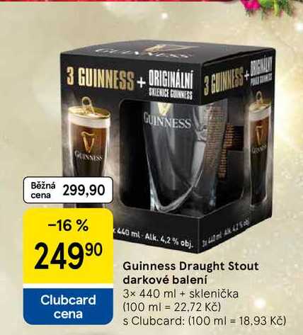 Guinness Draught Stout darkové balení, 3x 440 ml + sklenička  