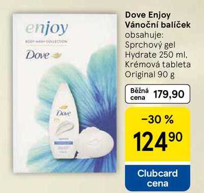 Dove Enjoy Vánoční balíček obsahuje: Sprchový gel Hydrate 250 ml. Krémová tableta Original 90 g