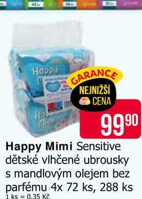 Happy Mimi Sensitive dětské vlhčené ubrousky s mandlovým olejem bez parfému 4x 72 ks, 288 ks