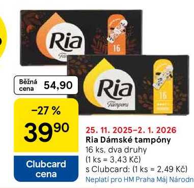 Ria Dámské tampóny, 16 ks, dva druhy 