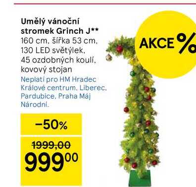 Umělý vánoční stromek Grinch J, 160 cm, šířka 53 cm. 130 LED světýlek. 45 ozdobných koulí, kovový stojan