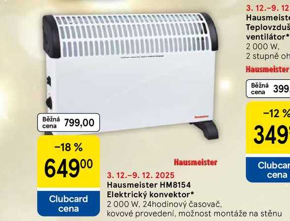 Hausmeiste Teplovzduš ventilátor, 2 000 W. 2 stupně, kovové provedení, možnost montáže na stěnu 