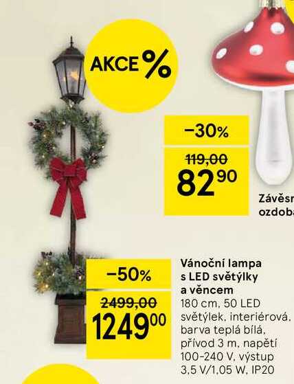 Vánoční lampa s LED světýlky a věncem, 180 cm, 50 LED světýlek. interiérová. barva teplá bílá. přívod 3 m, napětí 100-240 V, výstup 3,5 V/1,05 W, IP20