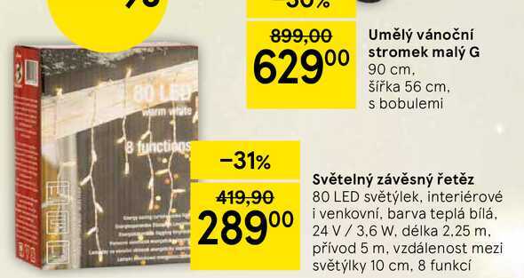 Světelný závěsný řetěz, 80 LED světýlek, interiérové i venkovní, barva teplá bílá, 24 V / 3,6 W. délka 2.25 m. přívod 5 m, vzdálenost mezi světýlky 10 cm, 8 funkcí