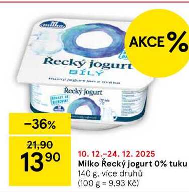 Milko Řecký jogurt 0% tuku, 140 g, více druhů