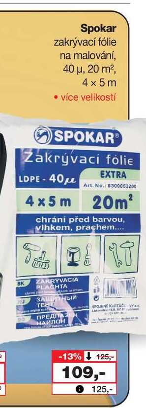 Spokar zakrývací fólie na malování, 40 μ, 20 m², 4 x 5 m 