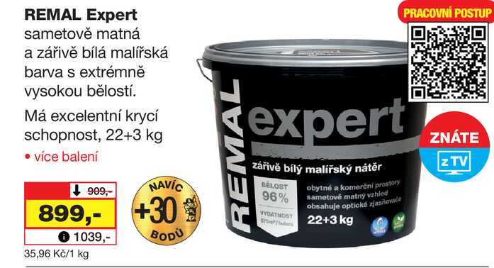 REMAL Expert sametově matná a zářivě bílá malířská barva s extrémně vysokou bělostí. Má excelentní krycí schopnost, 22+3 kg 