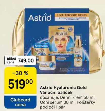 Astrid Hyaluronic Gold Vánoční balíček obsahuje: Denní krém 50 ml, Oční sérum 30 ml. Polštářky pod oči 1 pár