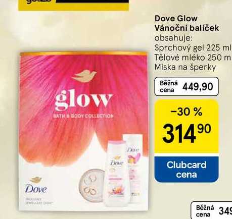 Dove Glow Vánoční balíček obsahuje: Sprchový gel 225 ml Tělové mléko 250 m Miska na šperky