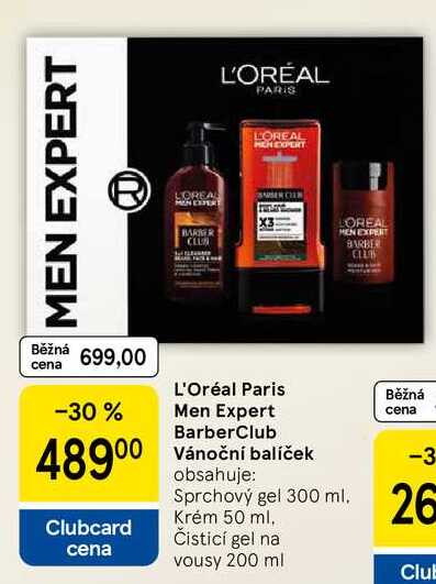 L'Oréal Paris Men Expert BarberClub Vánoční balíček obsahuje: Sprchový gel 300 ml. Krém 50 ml, Čisticí gel na vousy 200 ml
