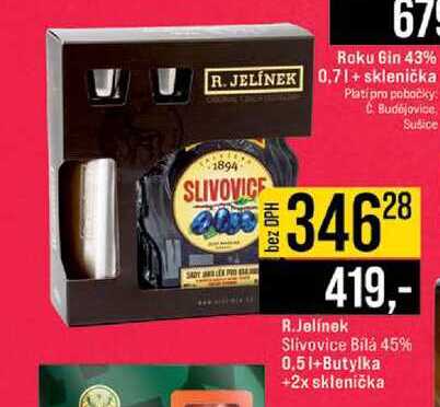 R.Jelínek Slivovice Bilá 45% 0.5l+Butylka +2x sklenička