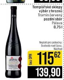 Templářské sklepy výběr z hroznů Tramin červený pozdní sběr Pálava 0,75l