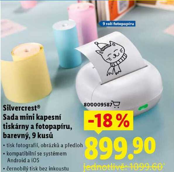 SilvercrestⓇ Sada mini kapesní tiskárny a fotopapíru, barevný, 9 kusů 