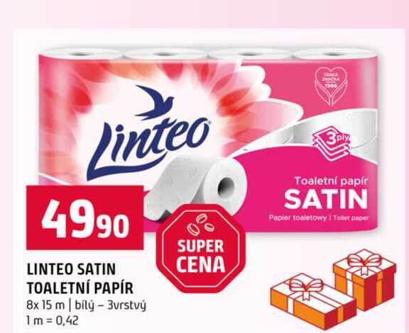 LINTEO SATIN TOALETNÍ PAPÍR 8x 15 m bílý 3vrstvý